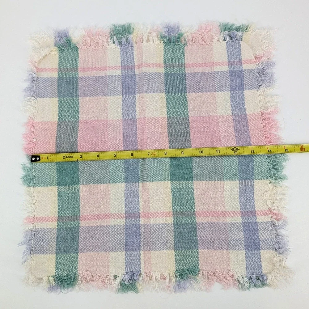 Vintage Pink Green Pastel Plaid Cloth Napkins Set of 2 Fringed Woven Linens 14
